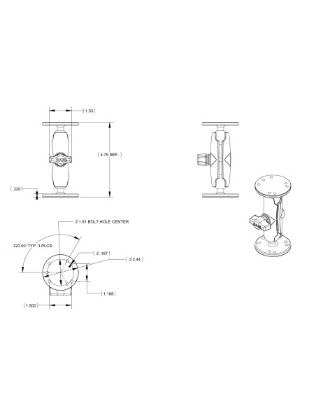 RAM® Double Ball Mount with Hardware for Garmin Striker + More