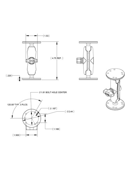 RAM® Universal Double Ball Mount with Two Round Plates - B Size Medium